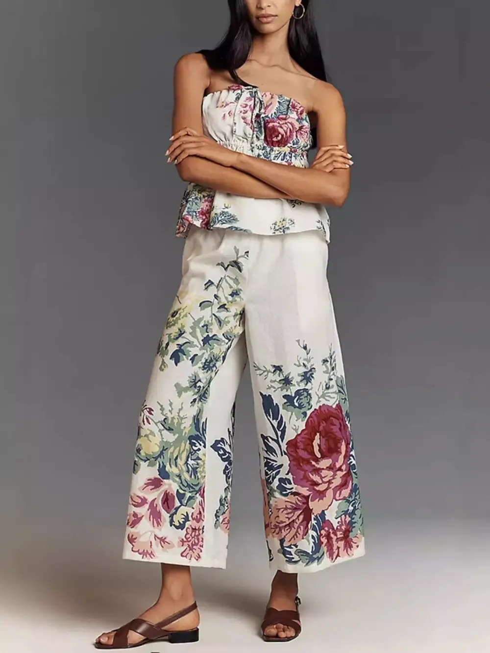 Floral Print Strapless Top and Wide Leg Pants Set