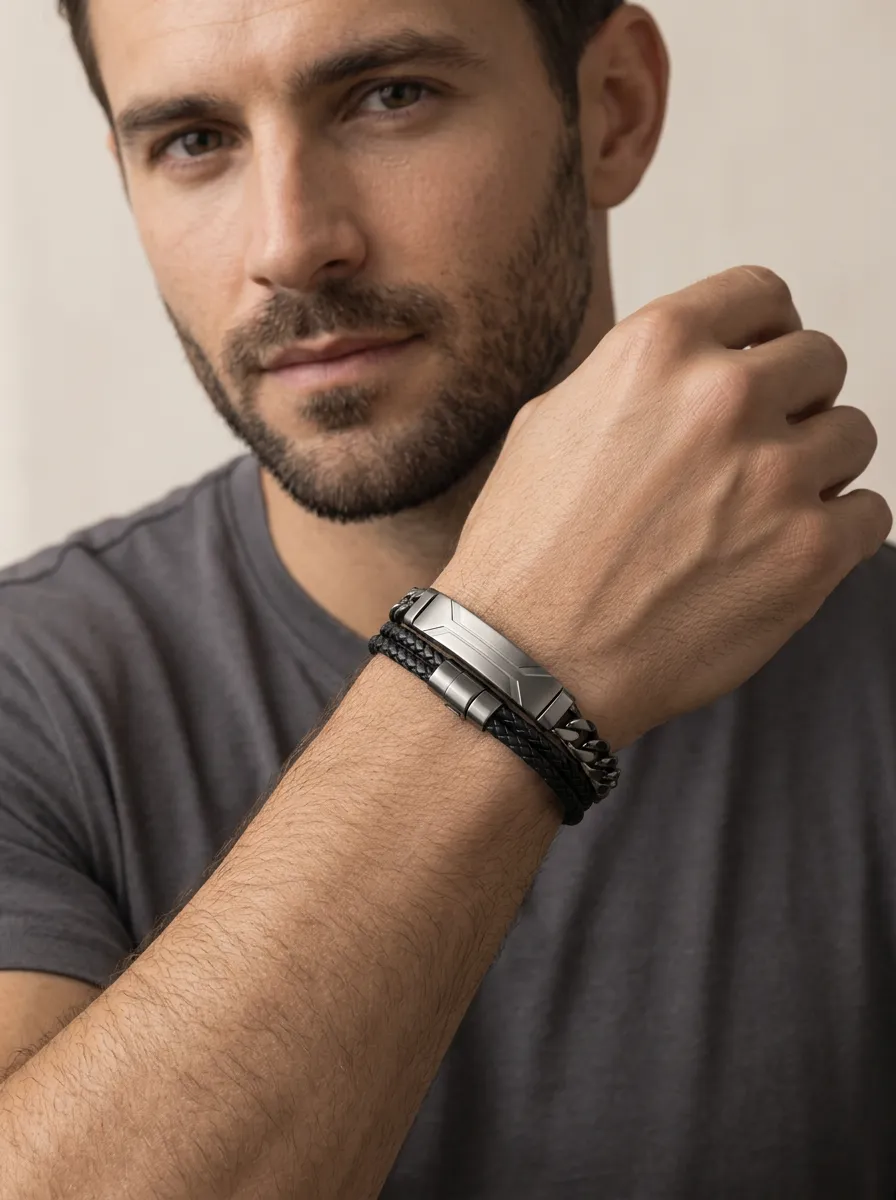 Men's Refined Leather Stainless Steel Layered Bracelet