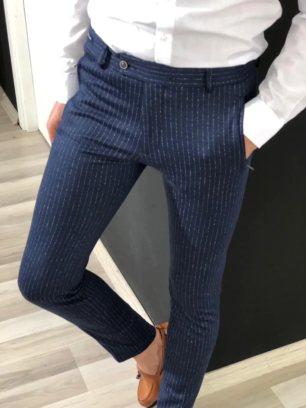 Detailed Slim Fit Striped Tailored Trousers