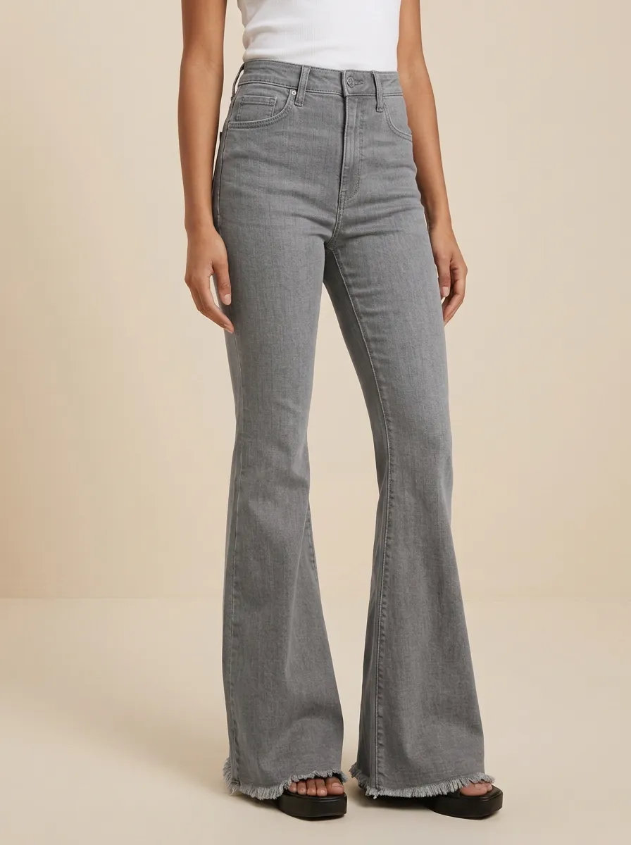 Raw Hem Contrast Stitch Printed Detail Flare Jeans