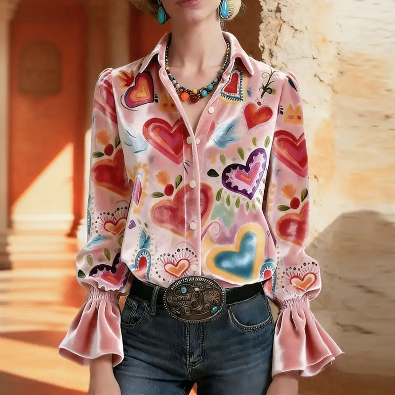  Vintage Heart Print Blouse