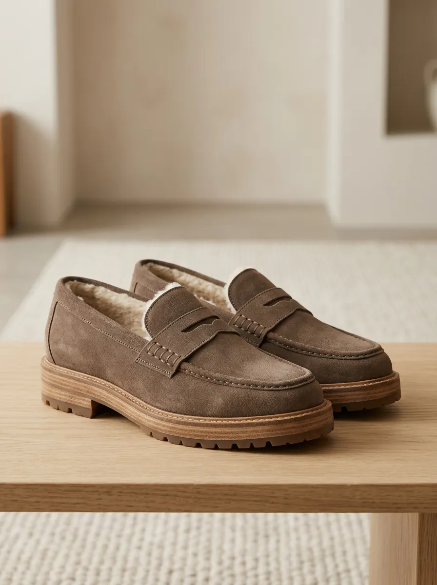 Women's Worksite Faux Fur Lined Suede Wood Sole Loafers