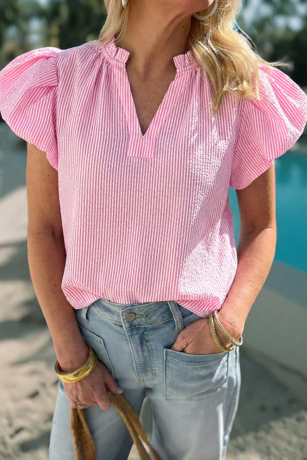 Rose Stripe Short Bubble Sleeve Blouse