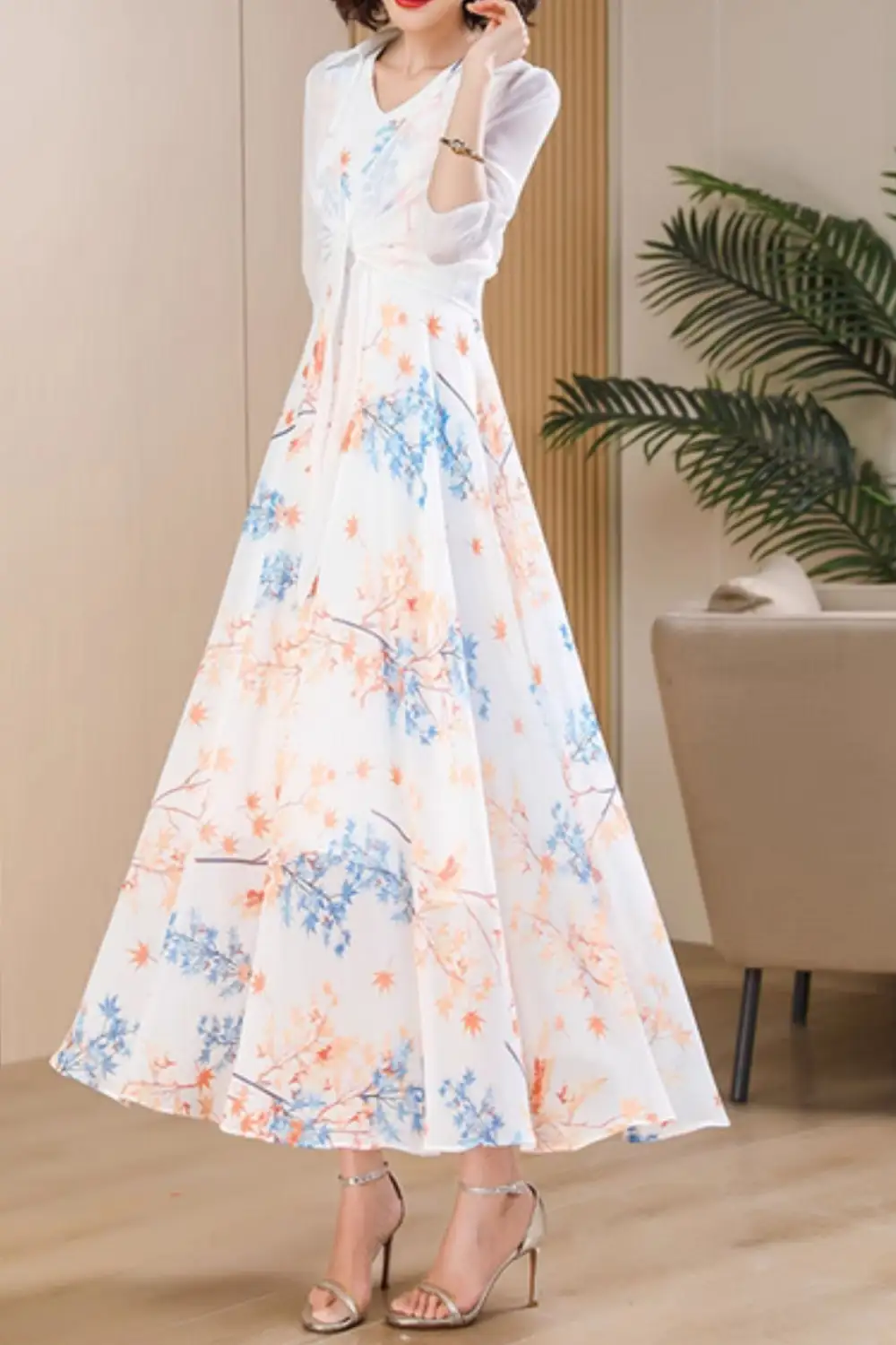 Floral Chiffon V Neck Sleeveless Maxi Dress