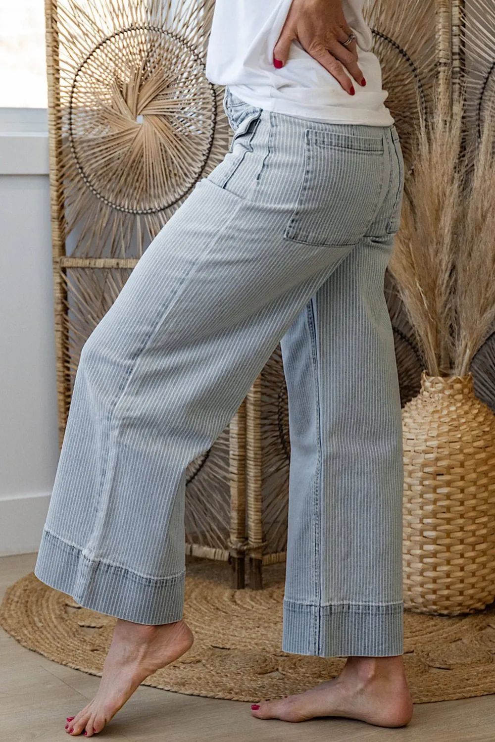 Striped Wide Leg Cuffed Hem Patch Pocket Casual Jeans
