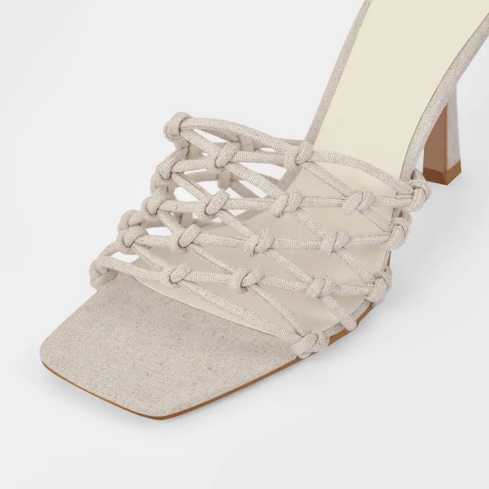 Linen Weave Square Open Toe High Heel Mule Sandals