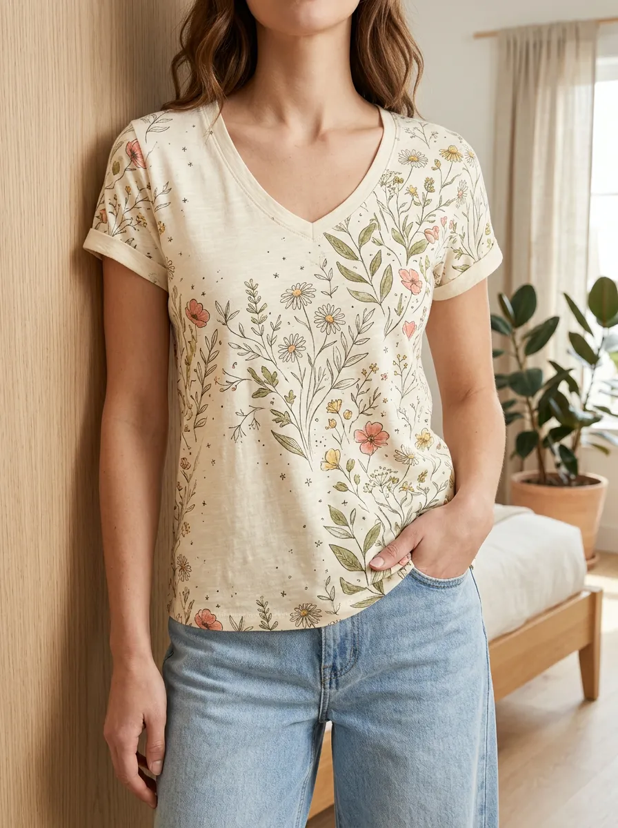 Women's Bloom Botanical Wildflower Floral V-Neck T-Shirt