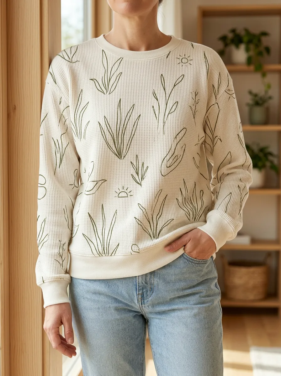 Women's Botanical Sun Line Art Graphic Waffle Knit Crewneck Sweatshirt