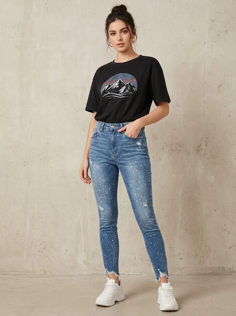 Women's Distressed Paint Splatter Printed Skinny Jeans