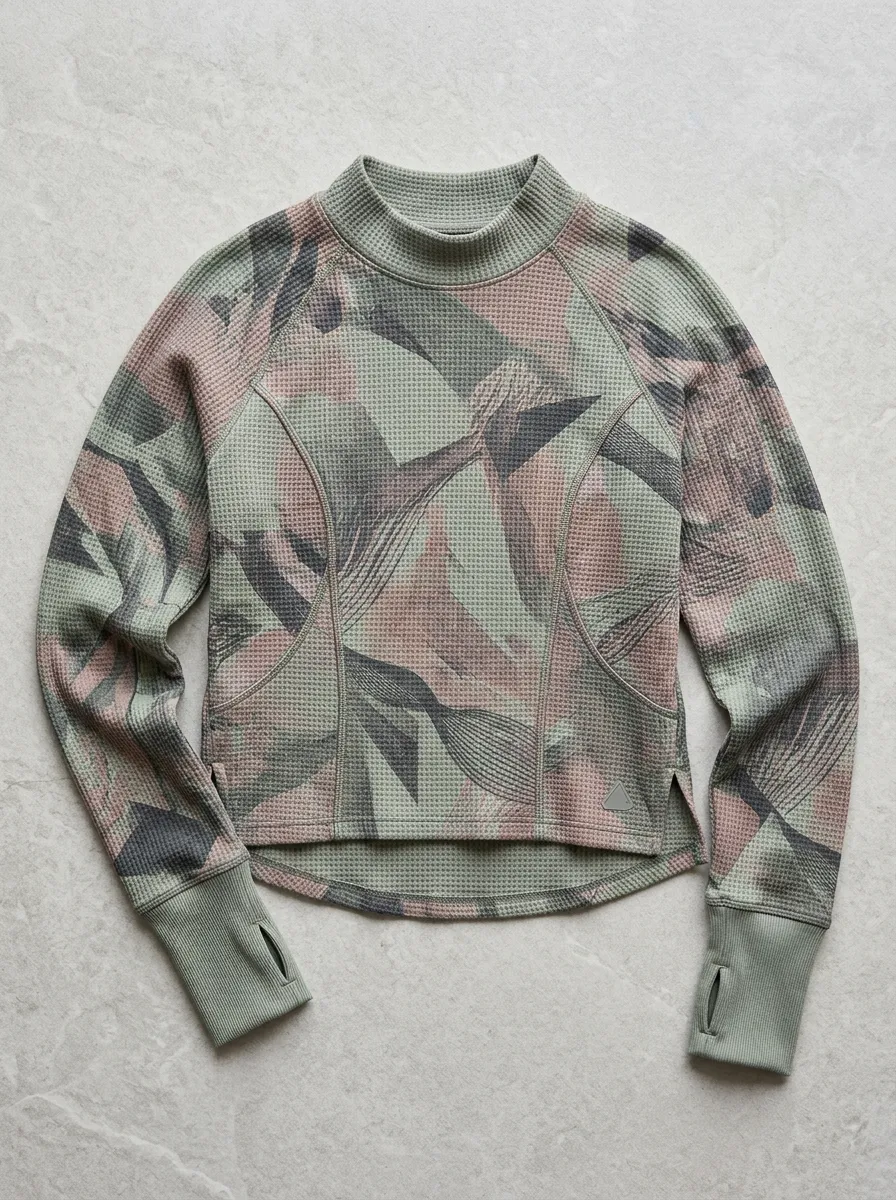 Women's Athletic Waffle Knit Abstract Camo Printed Top