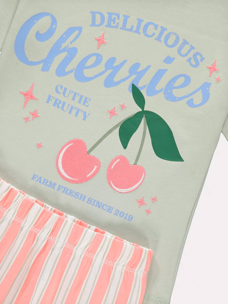 Sage Green Cherries Striped Pyjamas detail 1