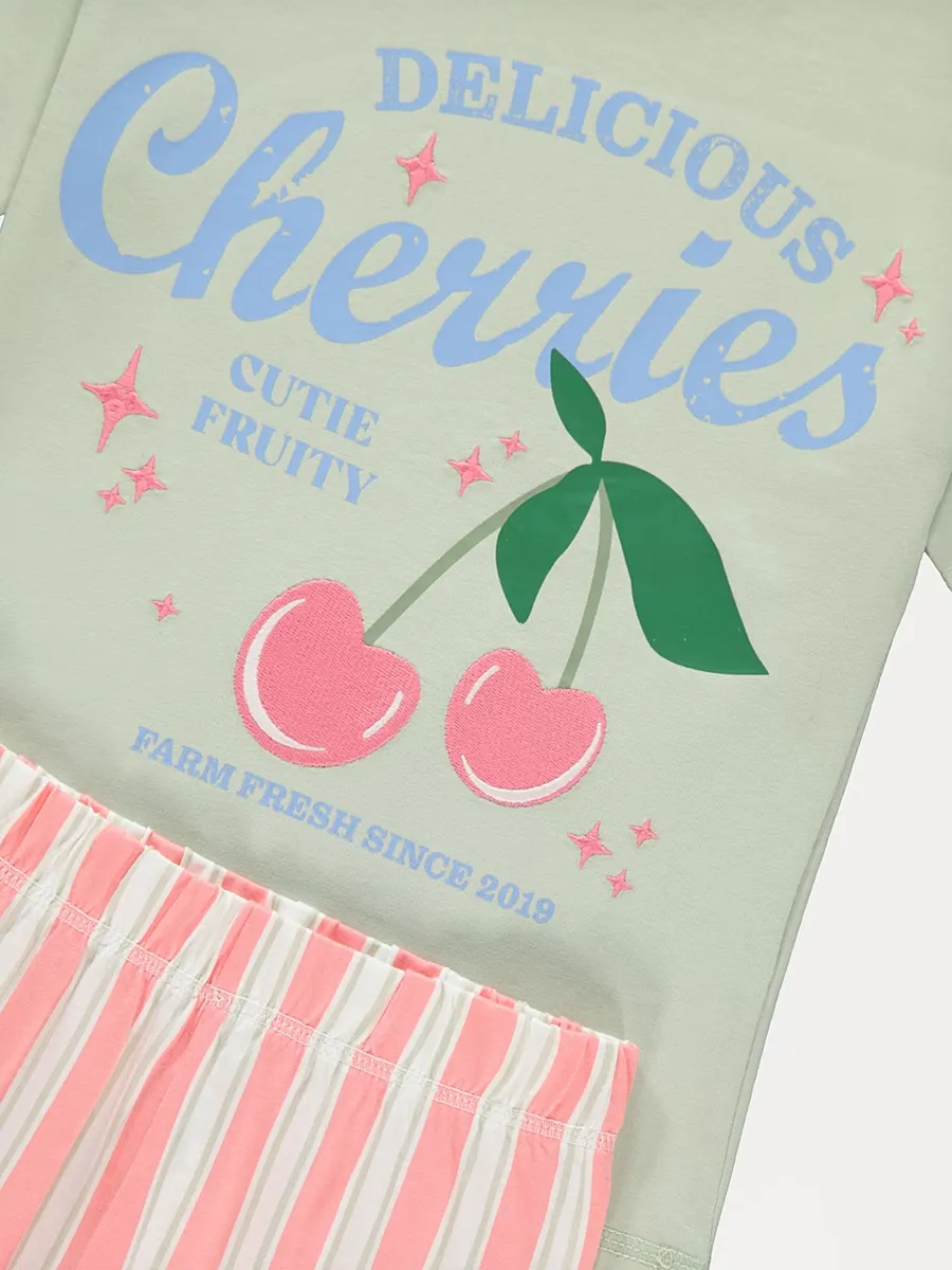 Sage Green Cherries Striped Pyjamas