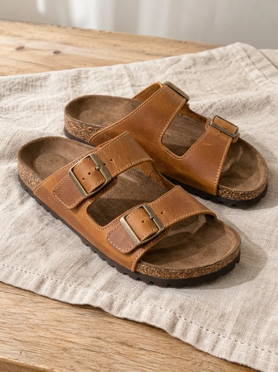Unisex Classic Leather Two-Strap Buckle Cork Sandals