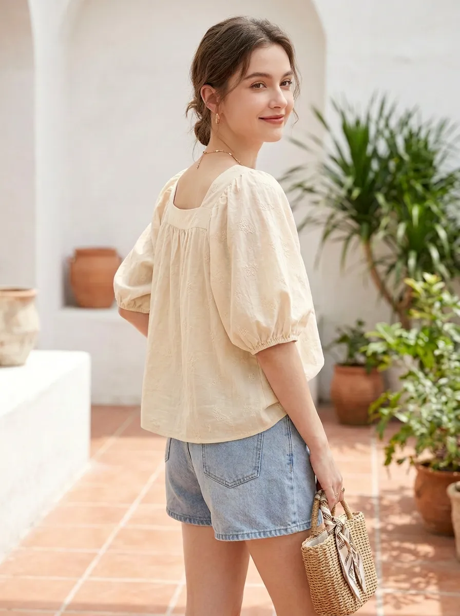 Classic Embroidered Women's Puff-Sleeve Blouse