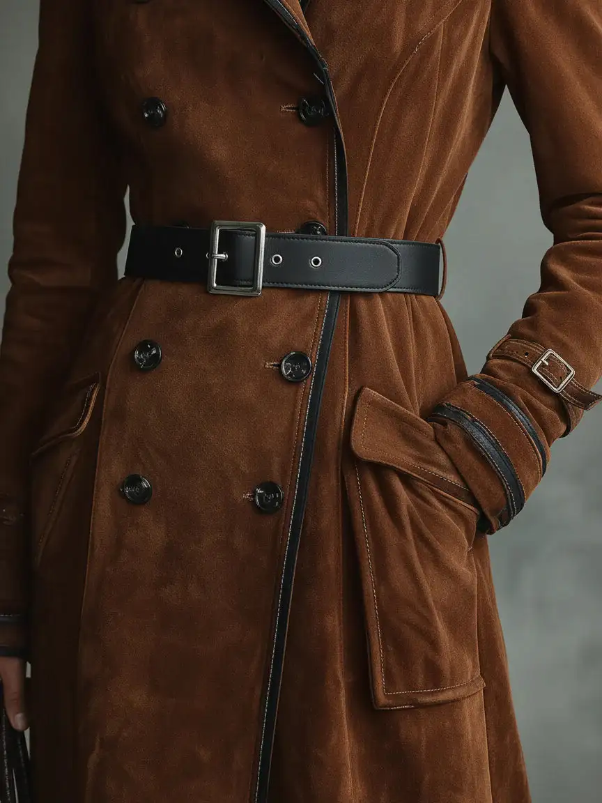 Double-Breasted Suede Long Coat