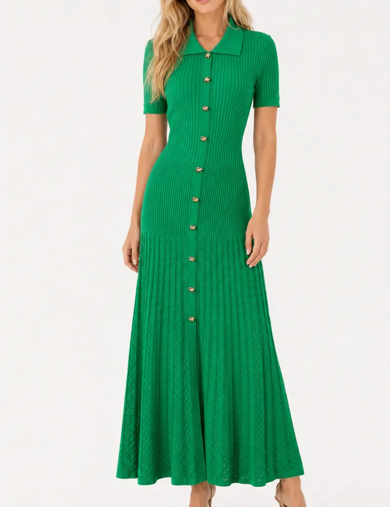Chic Ribbed Polo Collar Short Sleeves Maxi Dress