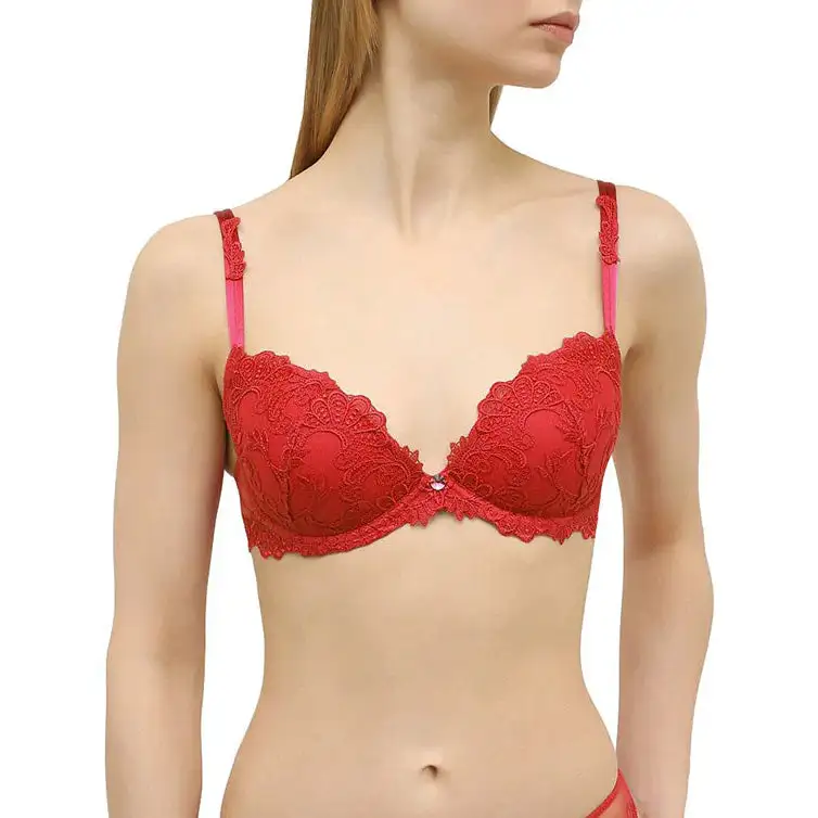 Women's Underwire Spacer Molded Padded Guipure Lace Mesh Floral Detail Decorative Stone Bra