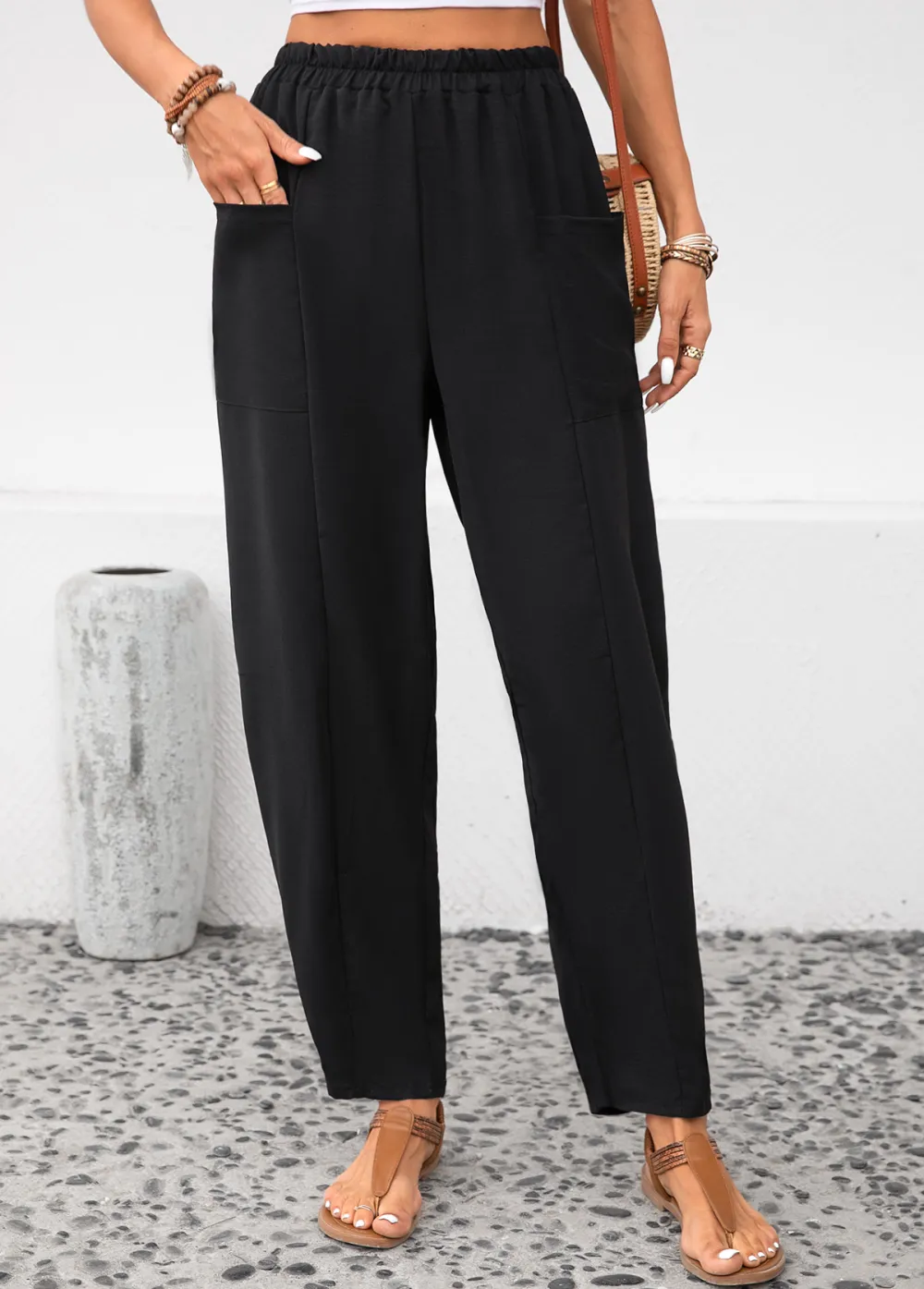 Black Pocket Elastic Waist High Waisted Pants