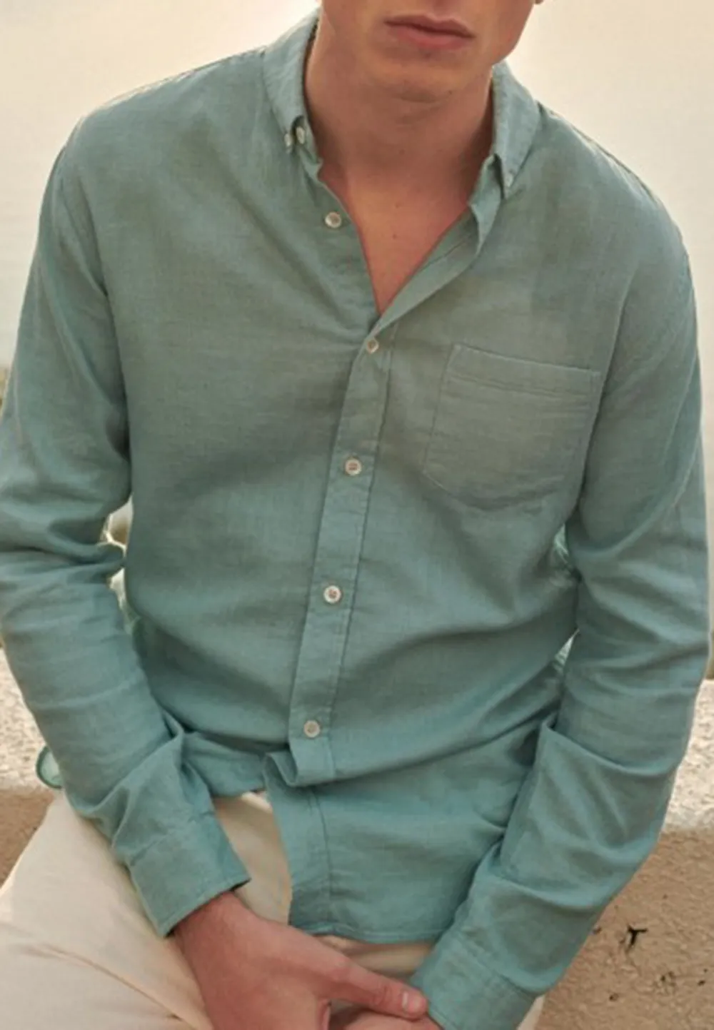 Teal Linen Blend Adjustable Cuff Button Down Shirt