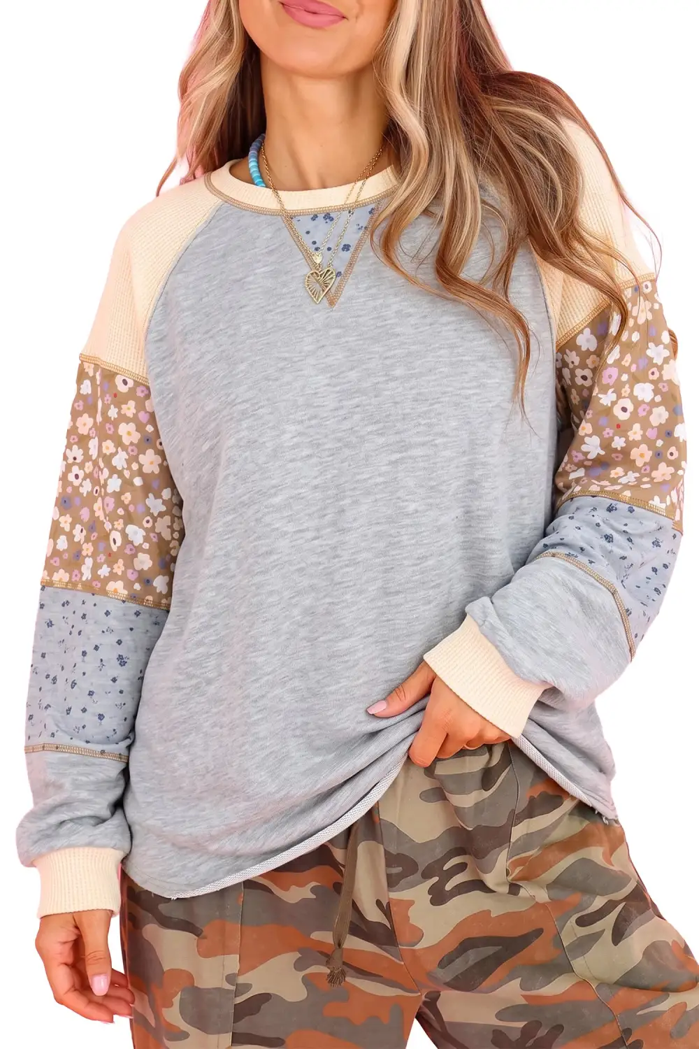 Women's Floral Print Colorblock Waffle Knit Top