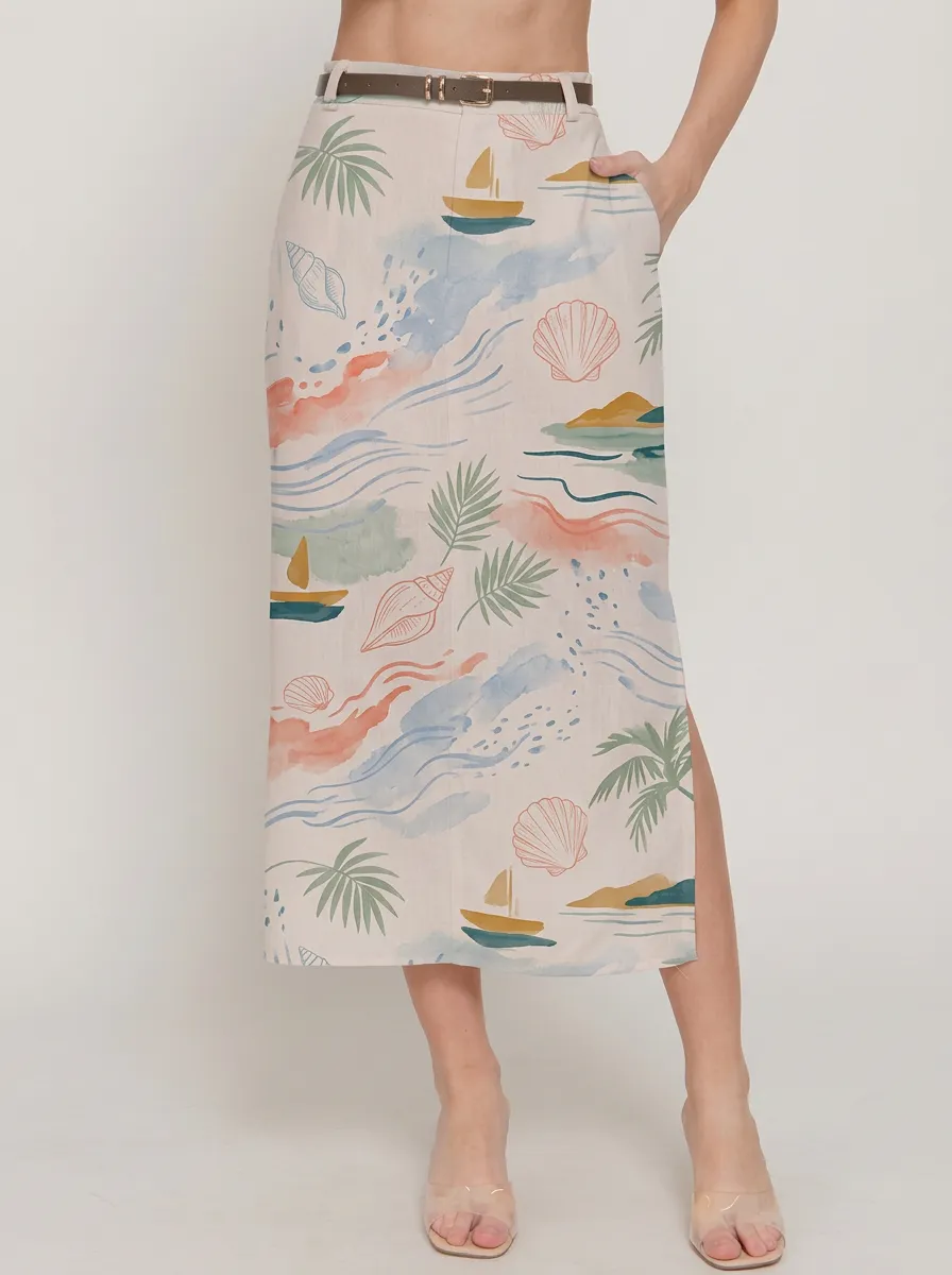 Women's Beach Vacation Seashell Sailboat Palm Printed Midi Skirt