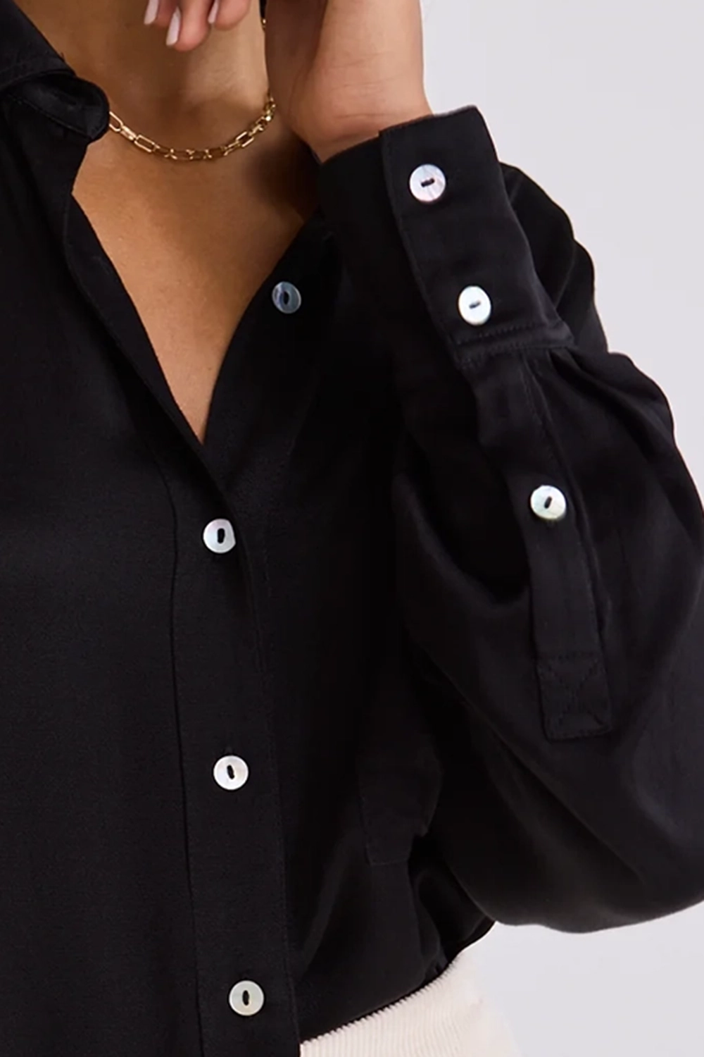 Black Satin Long - Sleeve Button - Up
