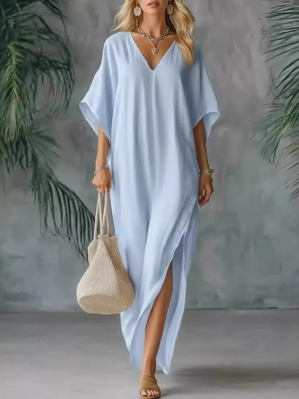 Full Size V Neck Maxi Dress With Side Slits Plus Size