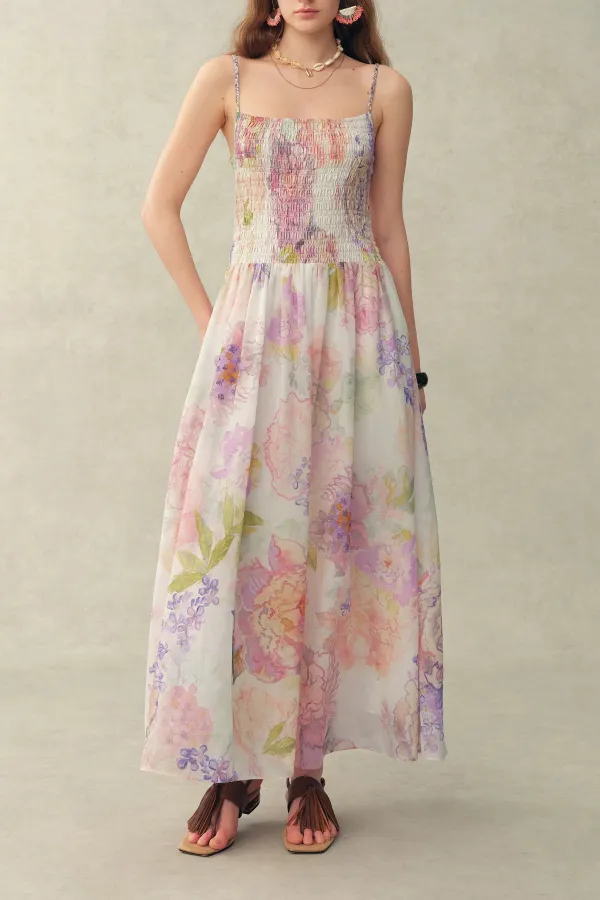 Strap Handcrafted Floral Silk Linen Blend Maxi Dress