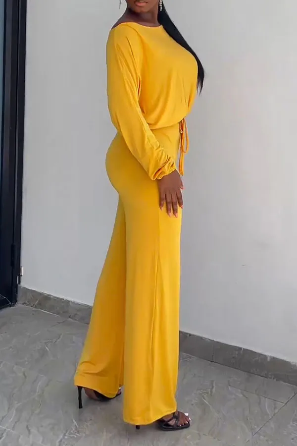 Drawstring Slash Neck Batwing Sleeve Jumpsuit