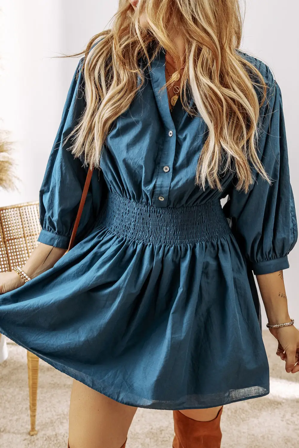 Sleeve Shirred High Waist Buttoned Mini Dress