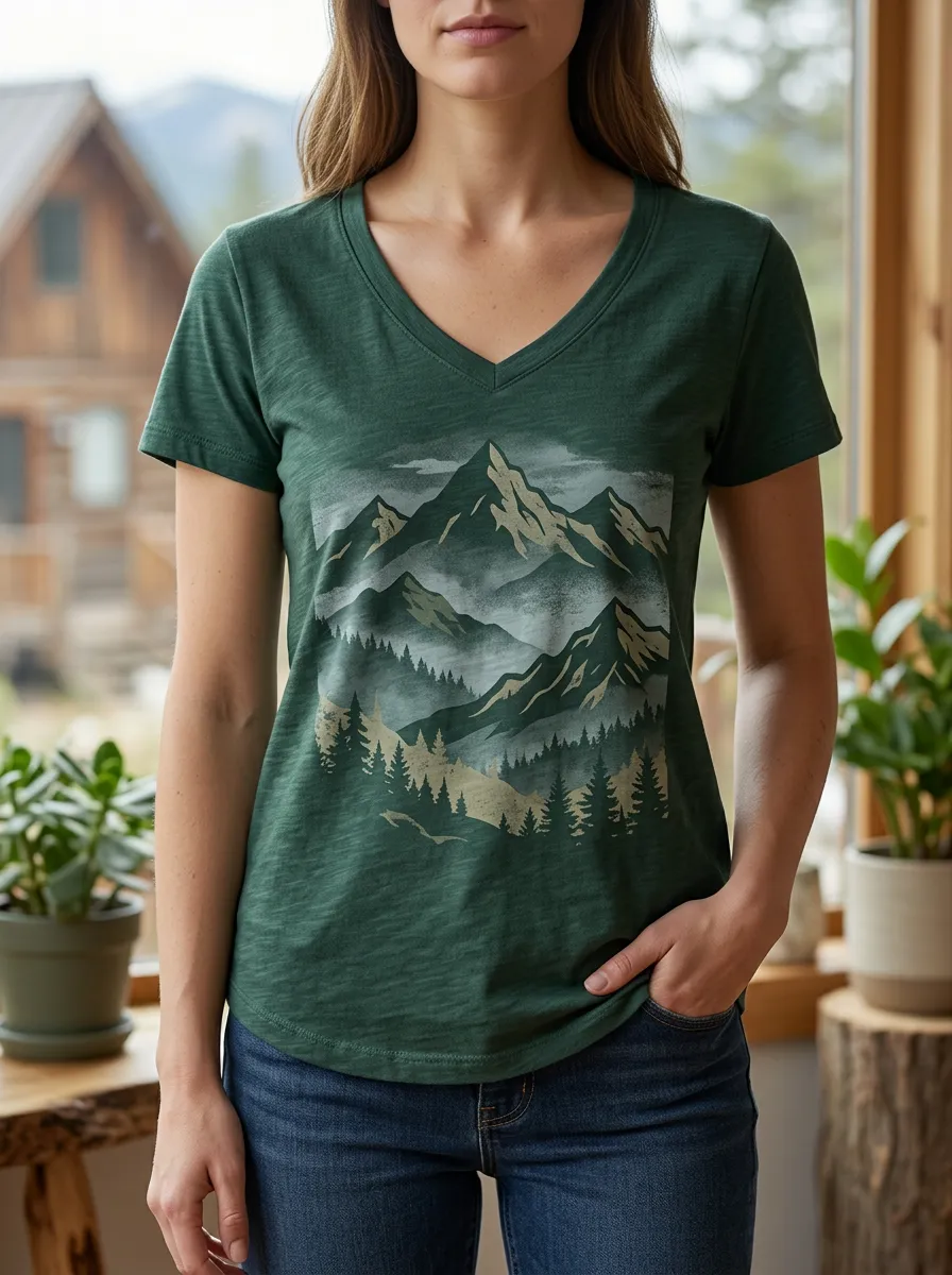 Women's Nature Lover Mountain Forest Printed V-neck T-shirt