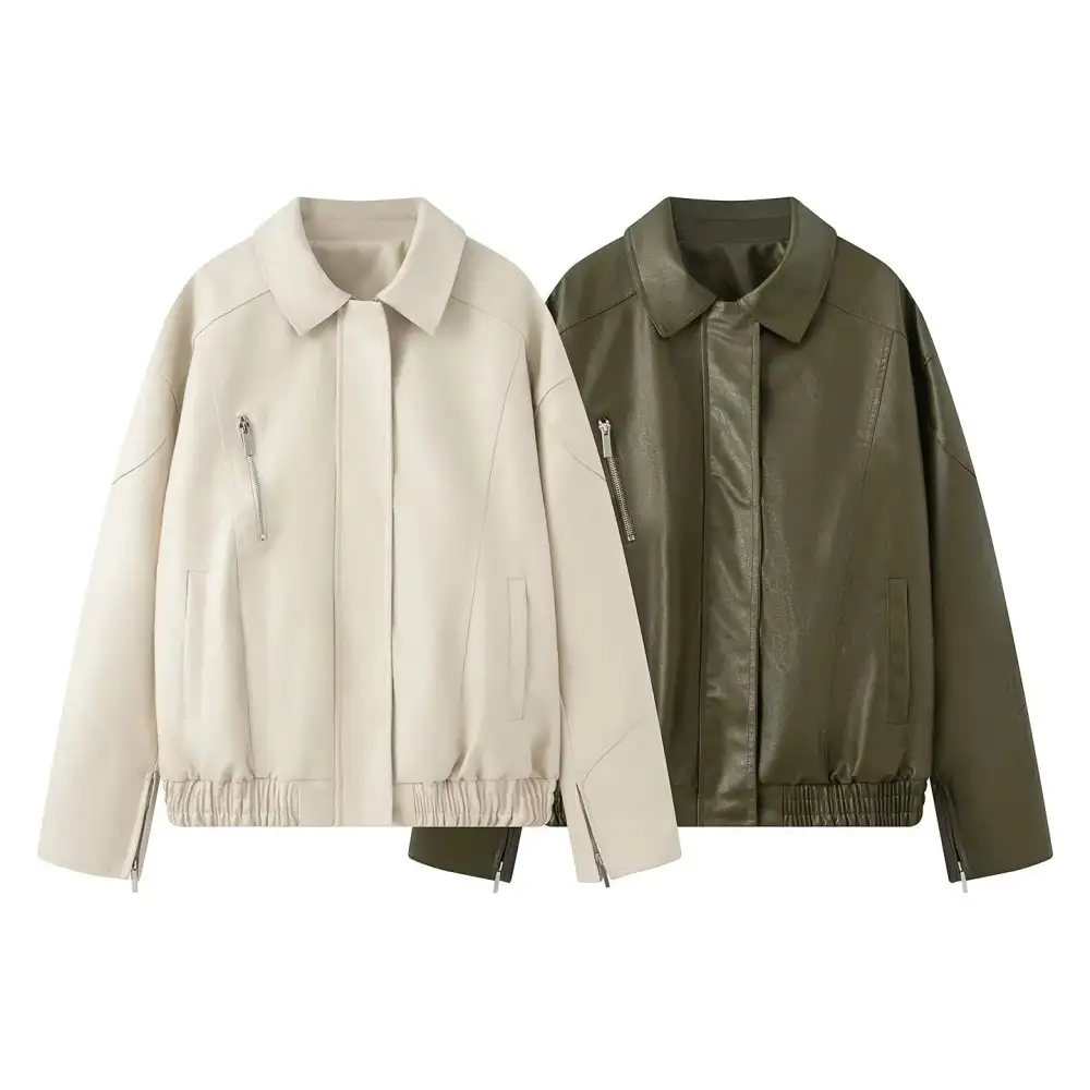Oversized Faux Leather Zip Front Elastic Hem Bomber Jacket