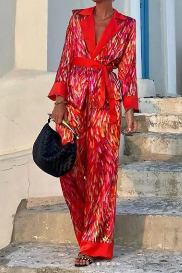 Watercolor Print Lace-Up Notched Lapel Pant Set