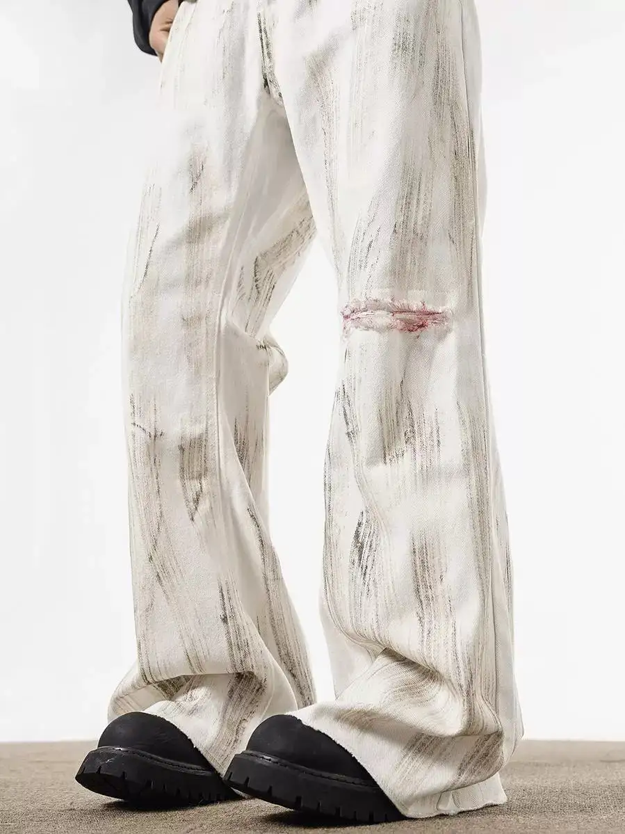 Wide-Leg Distressed Washed Patchwork Jeans