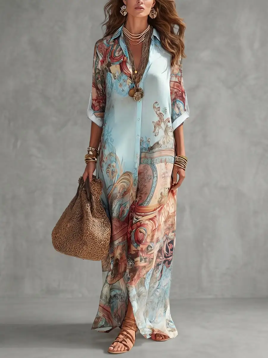 Printed Buttoned Shirt Maxi Dress