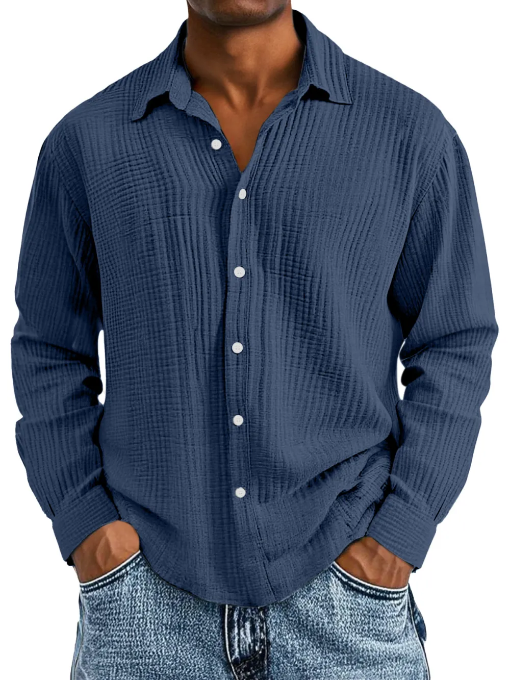 Layered Long Sleeve Camp Collar Pleated Front Shirt