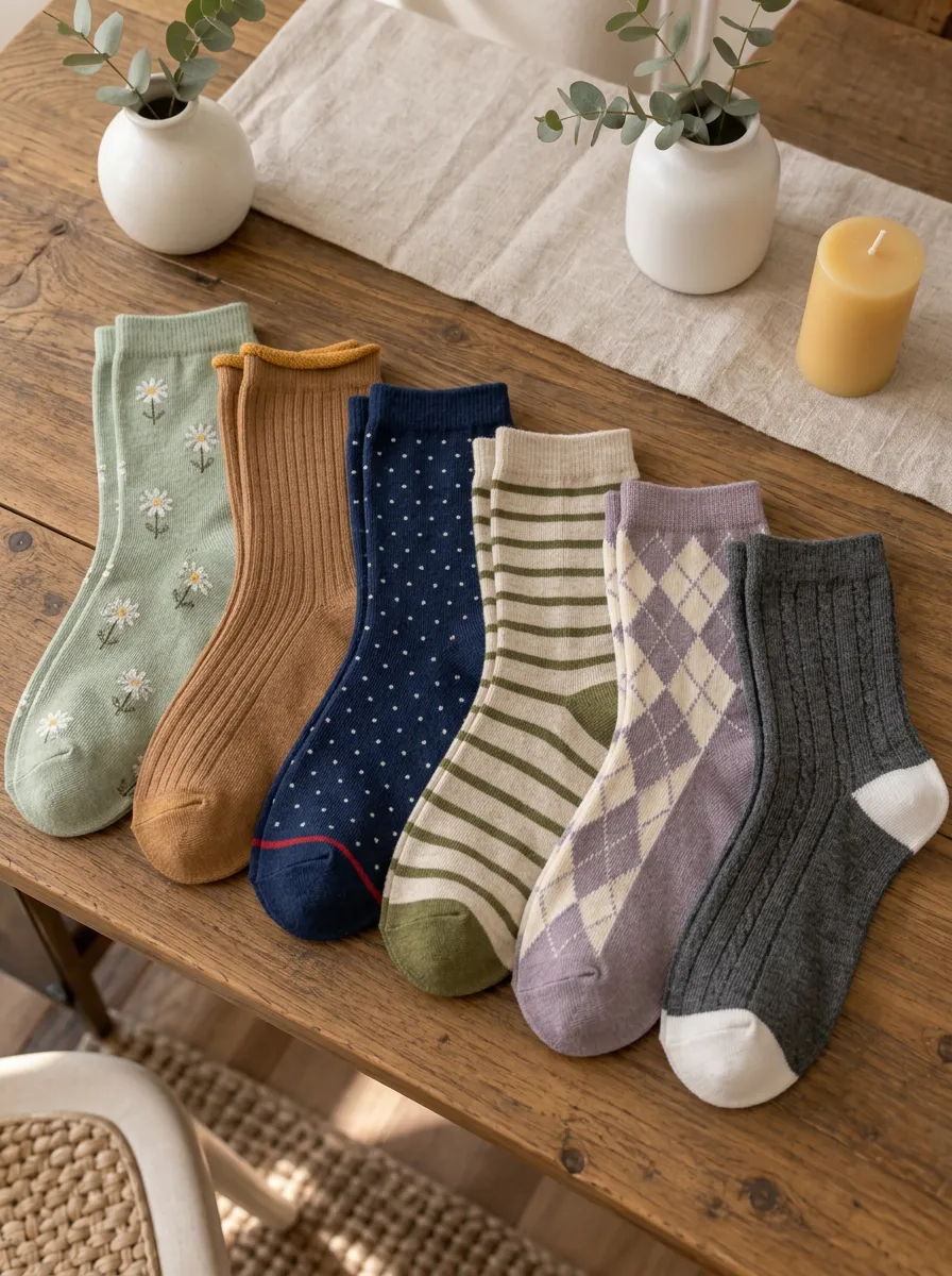 Women's Vintage Floral Polka Dot Striped Argyle Printed Socks Set