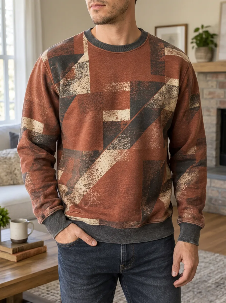 Men's Rust Geometric Print Crewneck Sweatshirt Hiking Textured