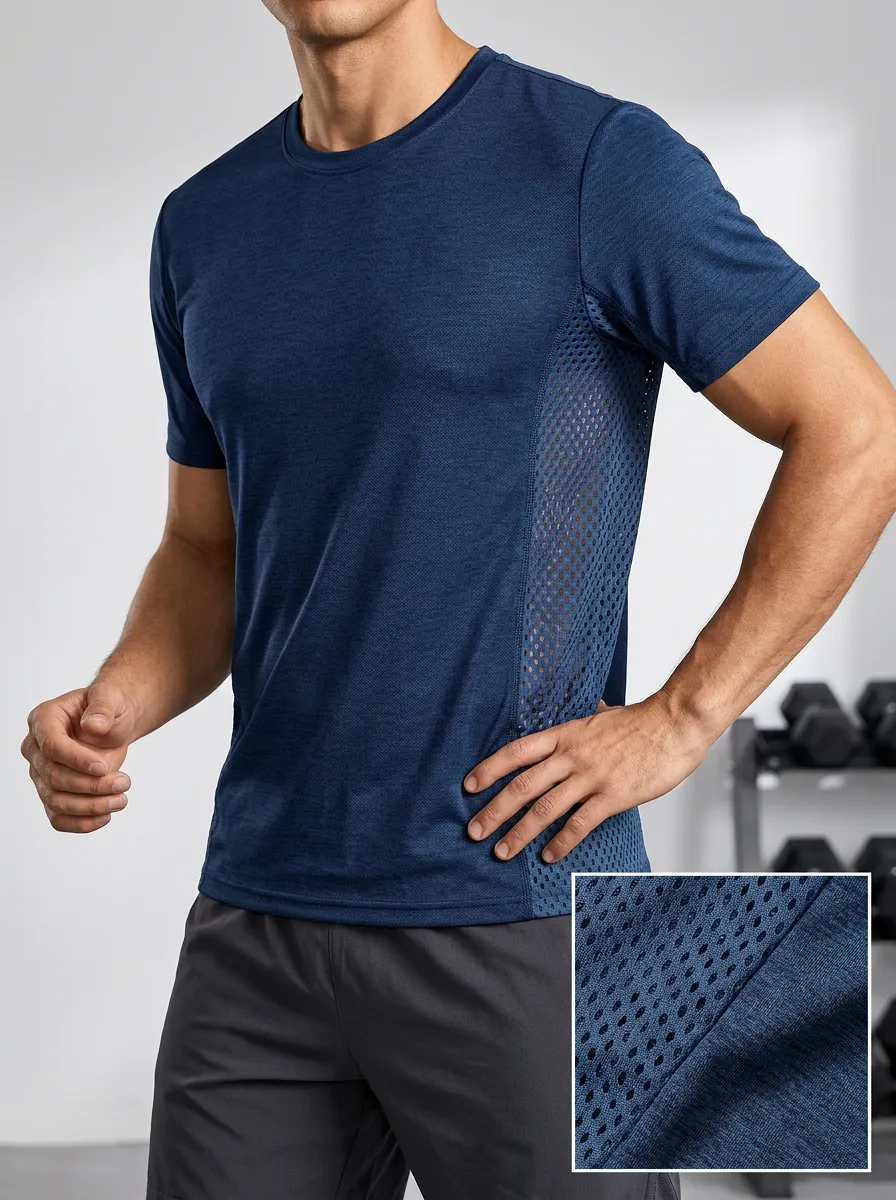Mesh-Panel Side-Panel Men's Crewneck Athletic T-Shirt