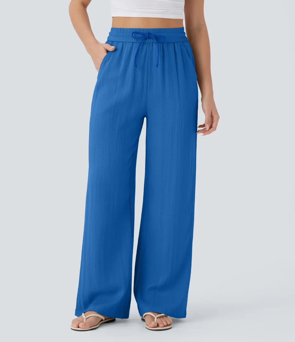 2026🔥  High Waisted Drawstring Pocket Wide Leg Casual Linen-Feel Pants