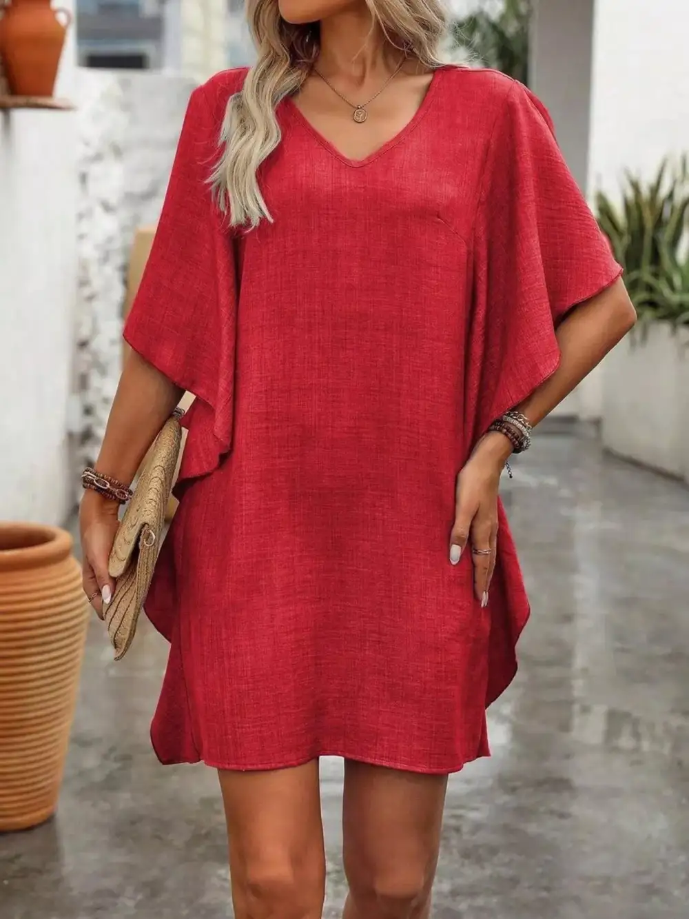 V Neck Ruffle Flutter Sleeve Mini Dress