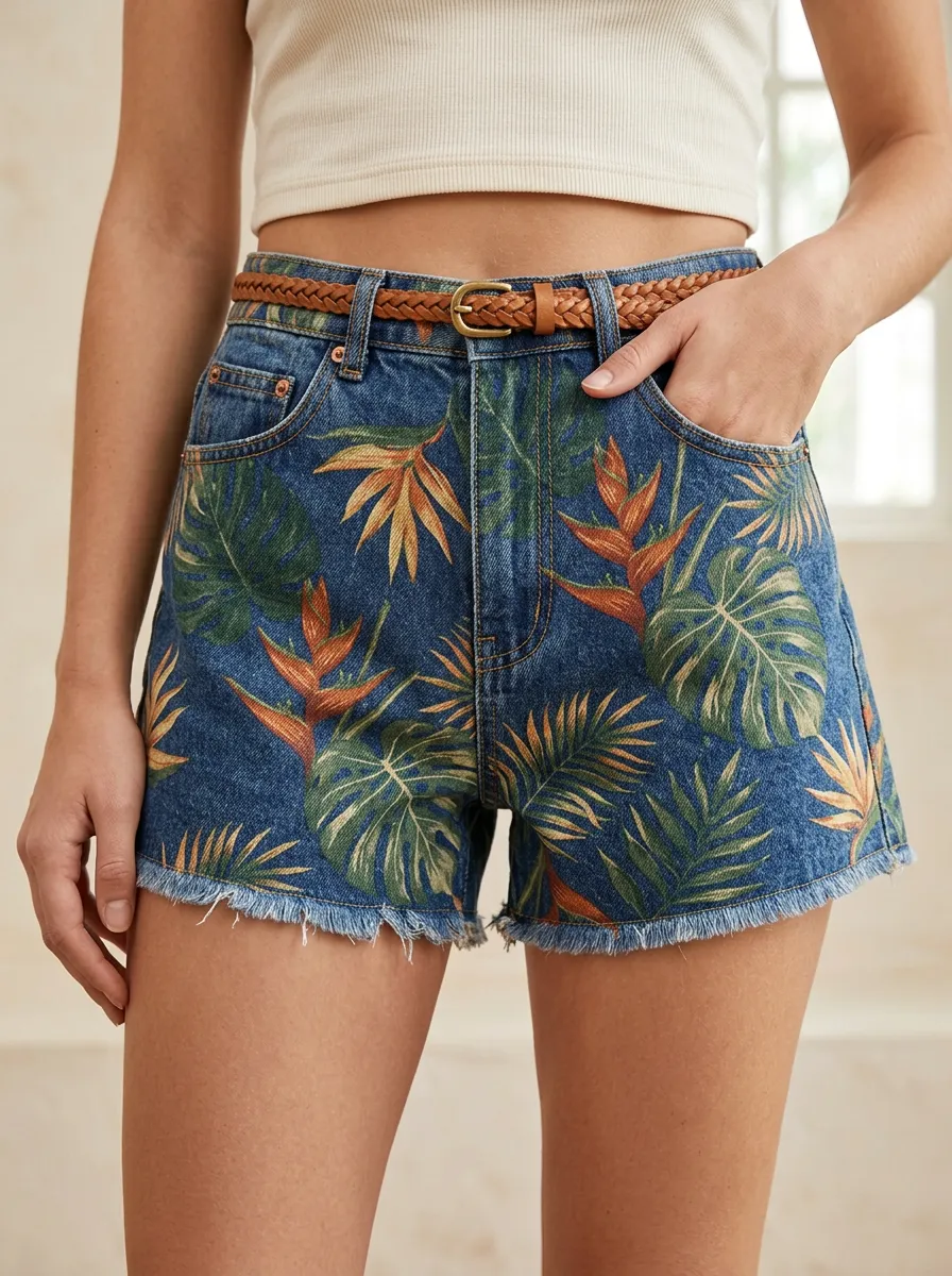 Women's Tropical Summer Botanical Printed Denim Shorts