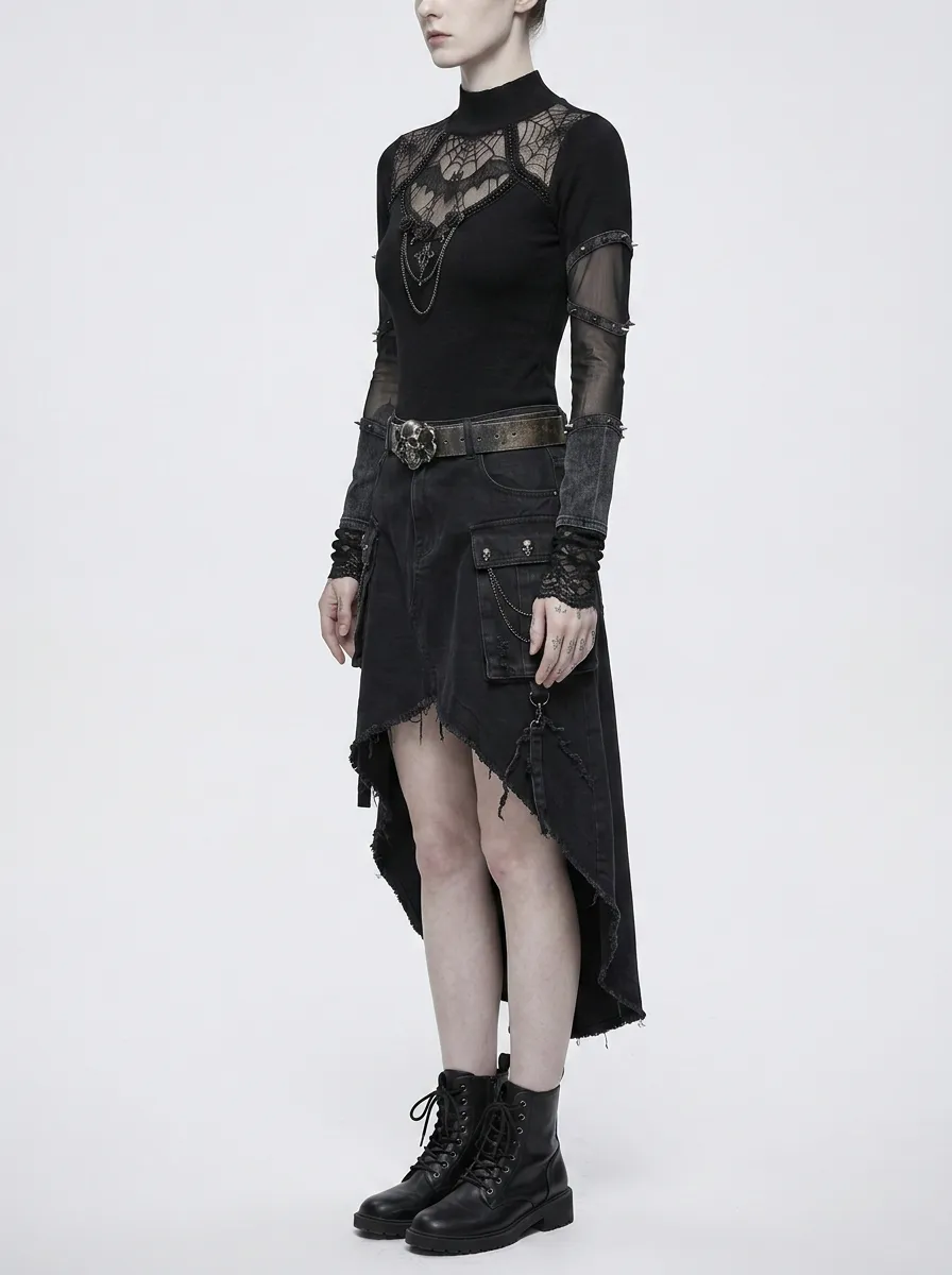 Women's Gothic Bat Web Lace Mesh Printed Top