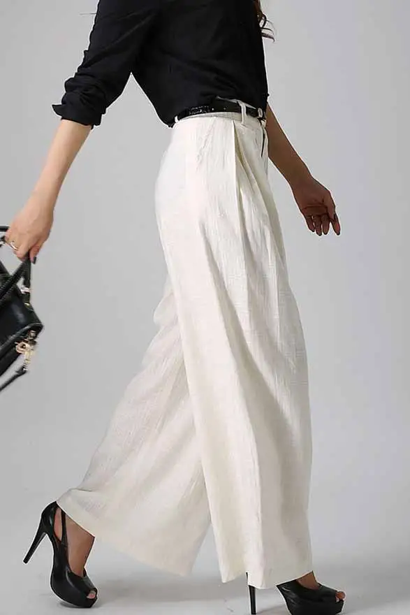Modern Linen Cotton Palazzo Wide Leg Belted Trousers