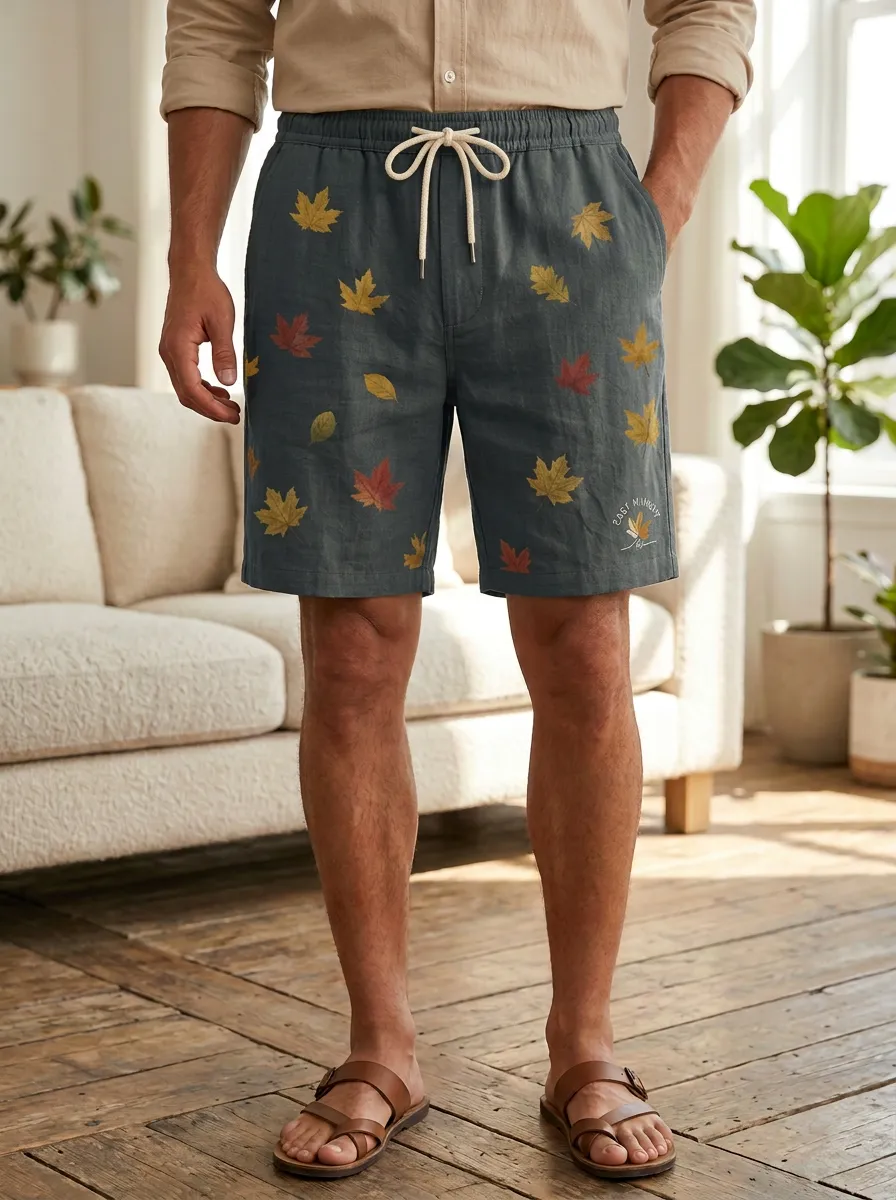 Olive Leaf-print Drawstring Textured Shorts