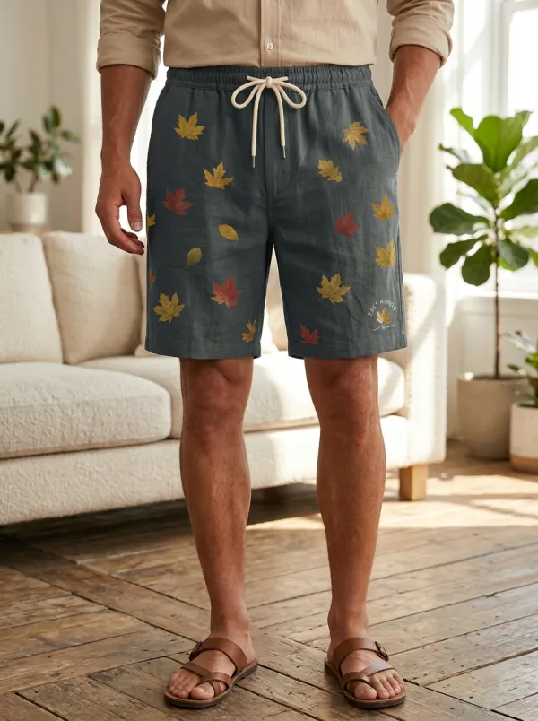 Olive Leaf-print Drawstring Textured Shorts