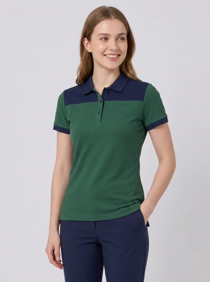 Women's Casual Sporty Green Navy Colorblock Printed Polo Shirt