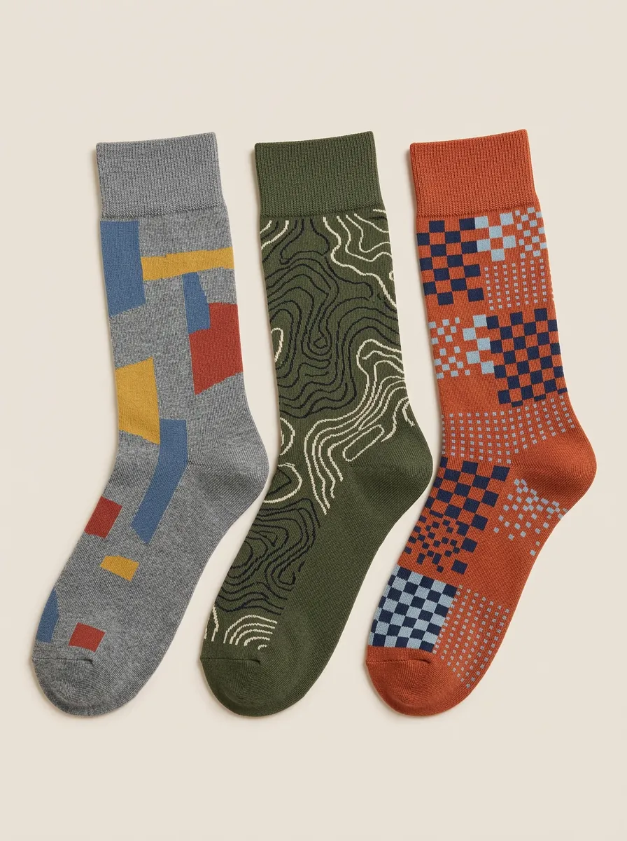 Men's Geometric Topographic Checkered Printed Three Pack Socks