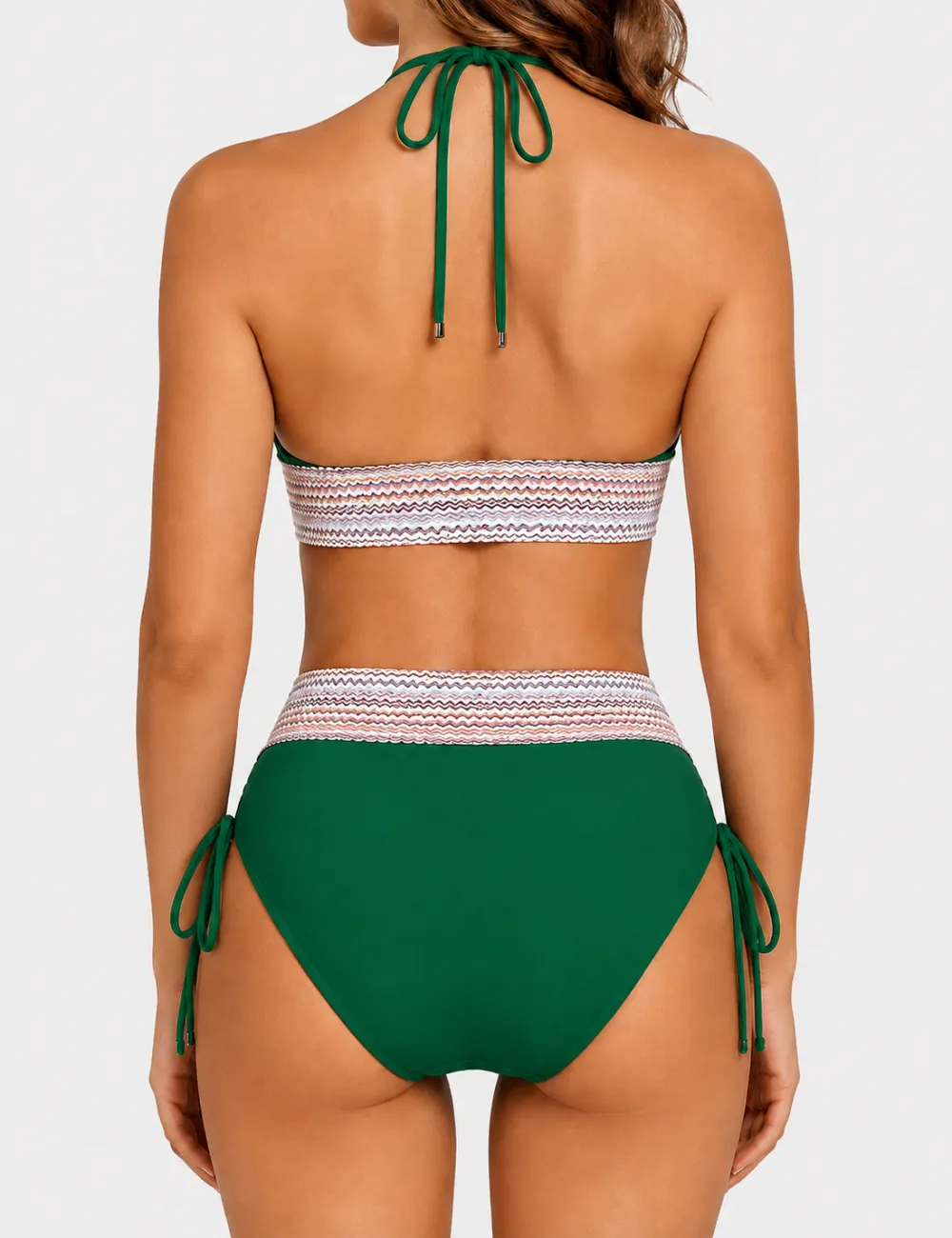 Deep V Neck Colorful Zigzag Smocked Trim Bikini Set