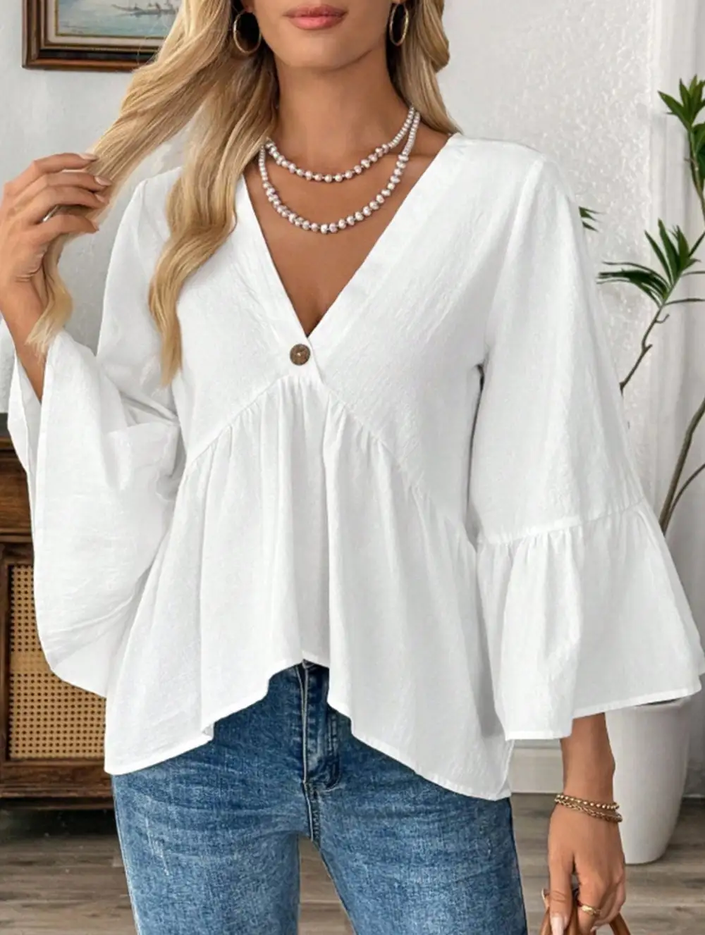 V-Neck Ruffle Sleeve Cotton Top